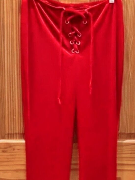 Source Unknown Pants - Red Lace Up Velvet Bell Bottom Pants